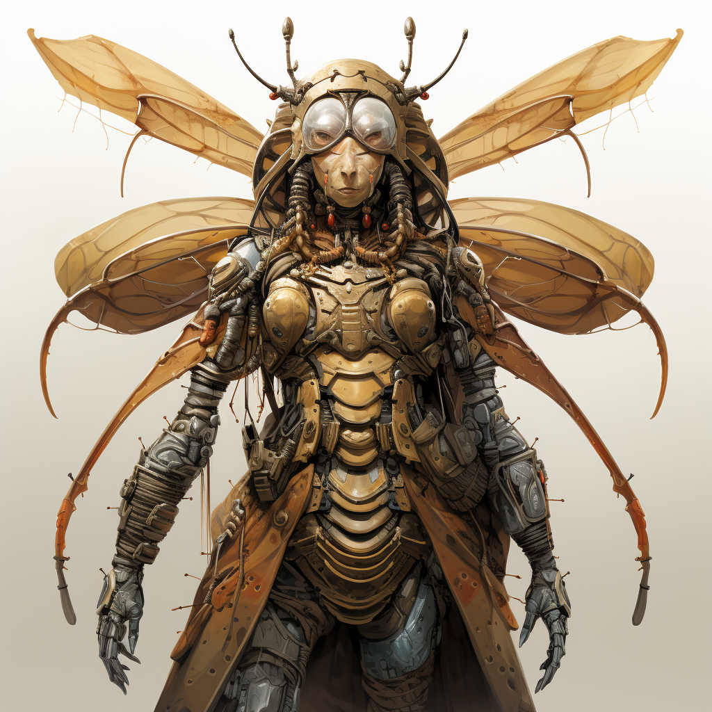 Humanoid beings with beetle-like exoskeleton and ornamental wings