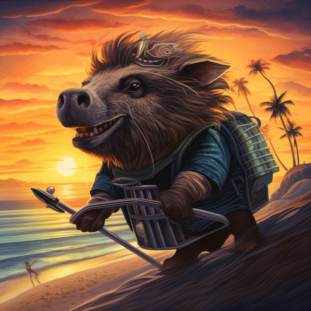 Beetlejuice riding a capybara on a beach