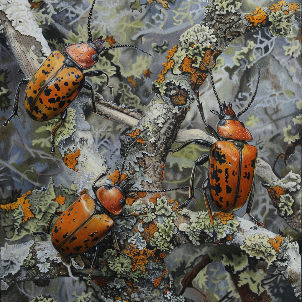 Beetles on Lichen Branches Image