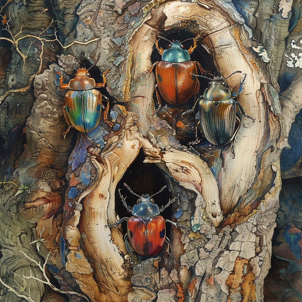 Beetles perched on tree branches