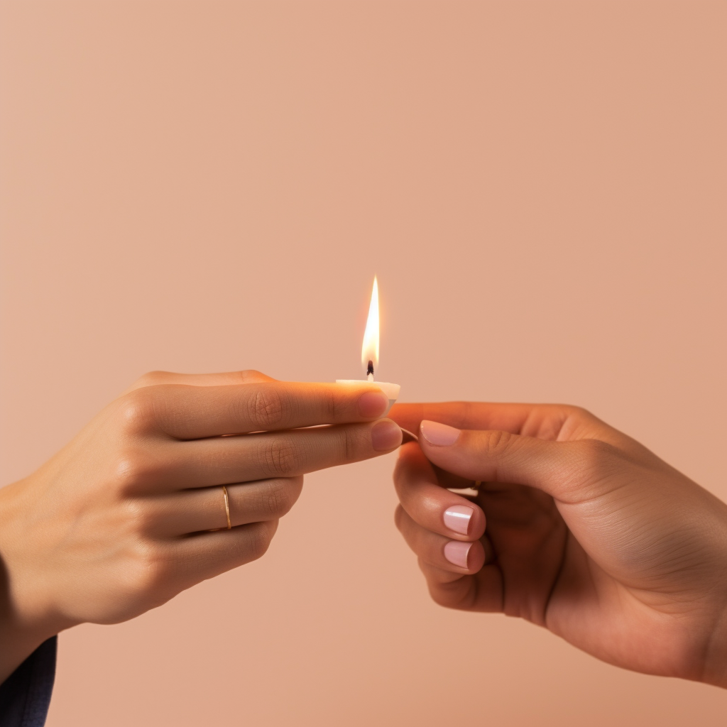 Hands holding candle and burning match