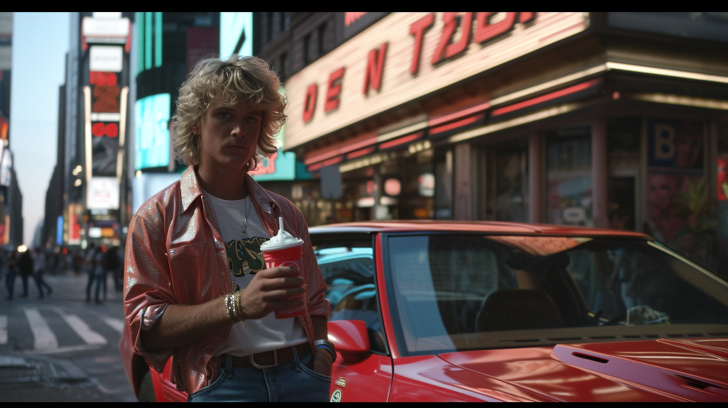 Beige Blonde Male Model Holding Snow Cone in Times Square