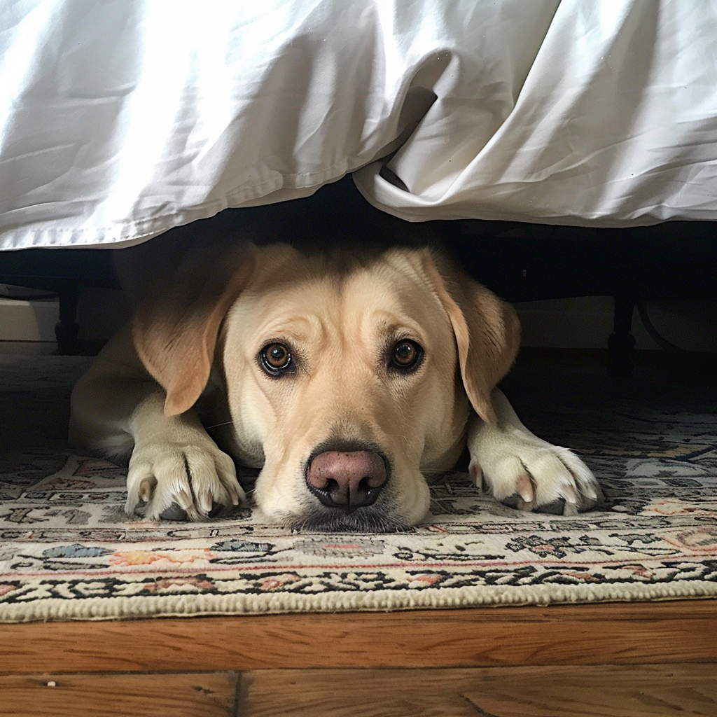 Cute beige labrador under bed