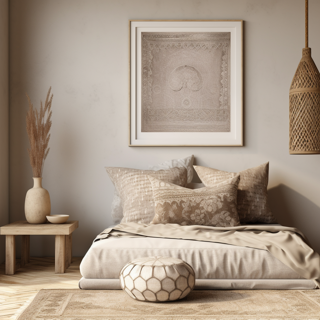 Close up of beige neutral boho decor room