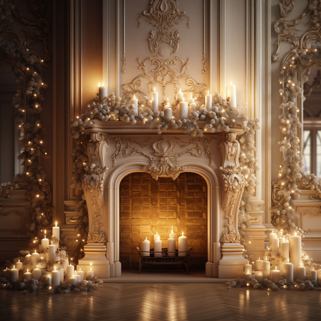 Beige wallpaper fireplace with Christmas branches