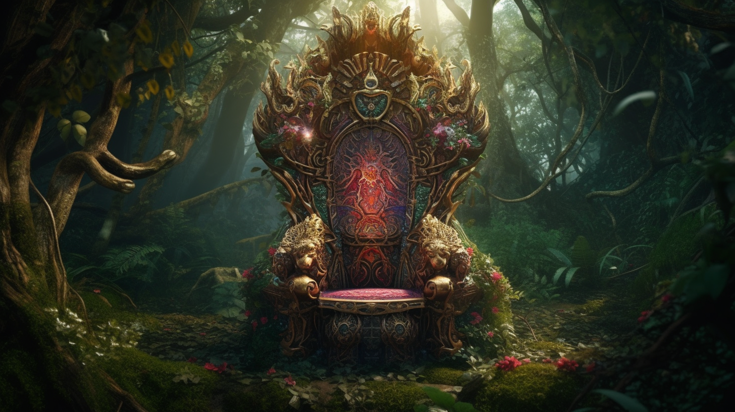 Ornate Bejewelled King's Throne in the Lush Forest