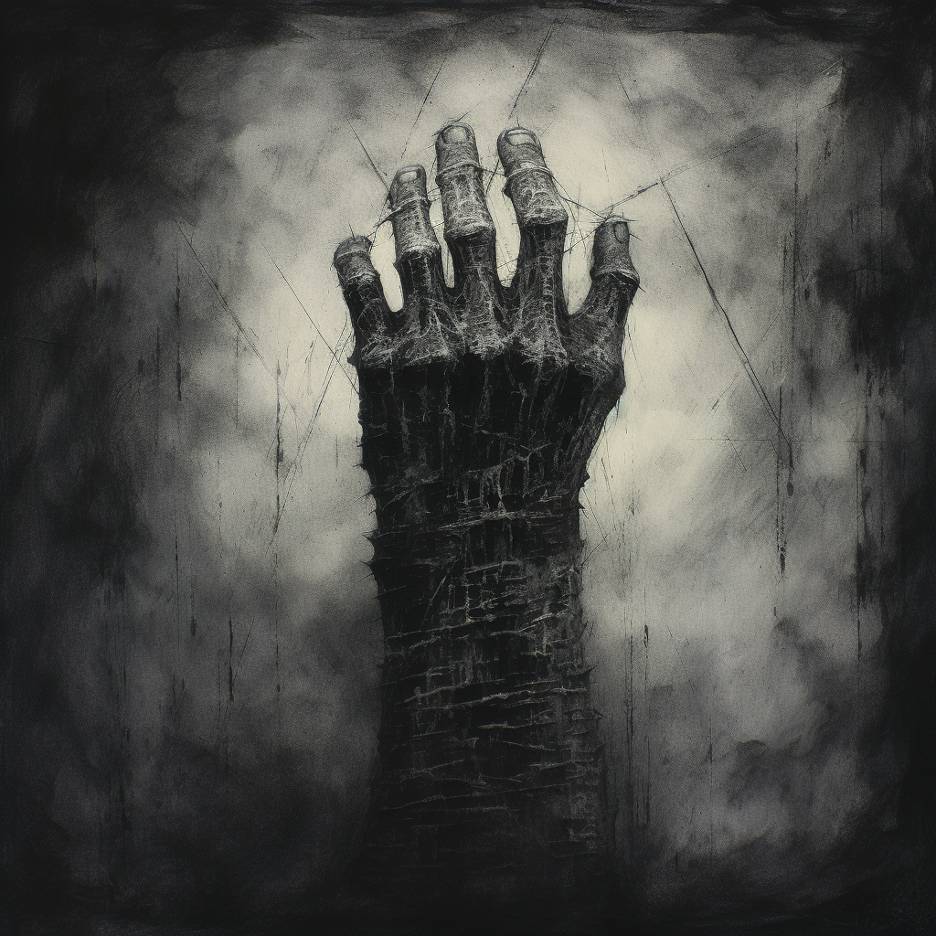 Charcoal artwork of stone hands