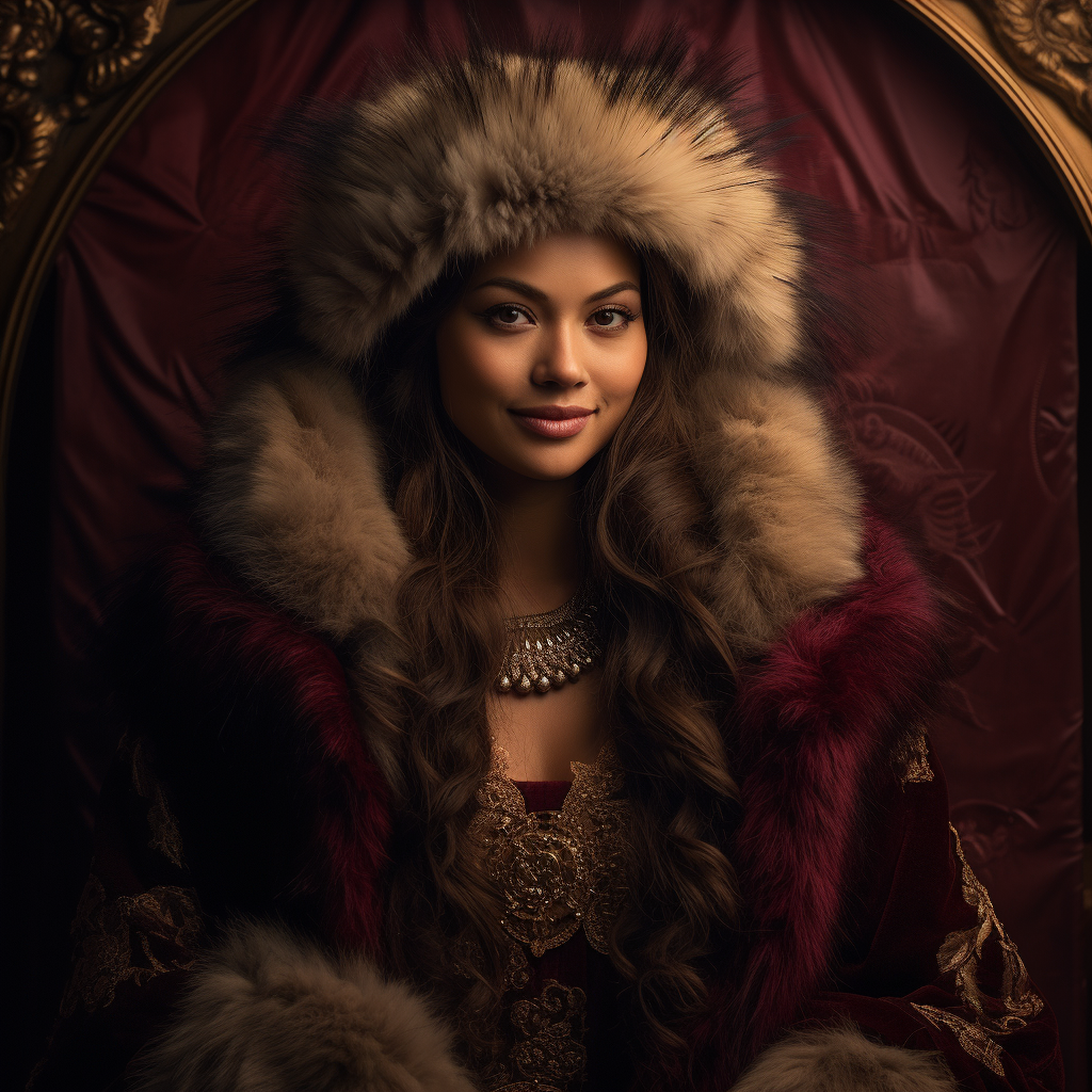 Woman in Burgundy Gold Fur Smiling