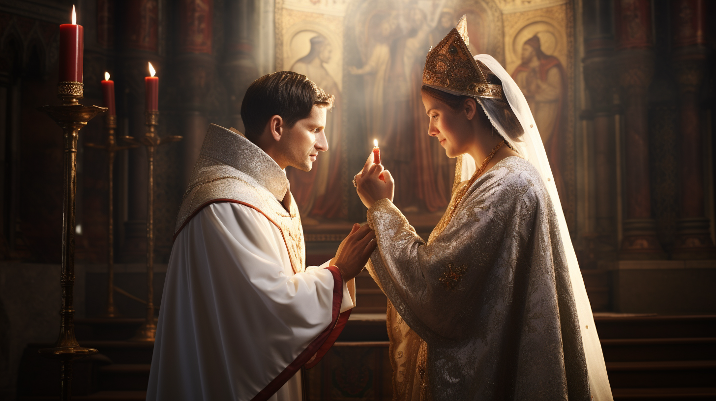 Male believer kissing bishop's ring in church