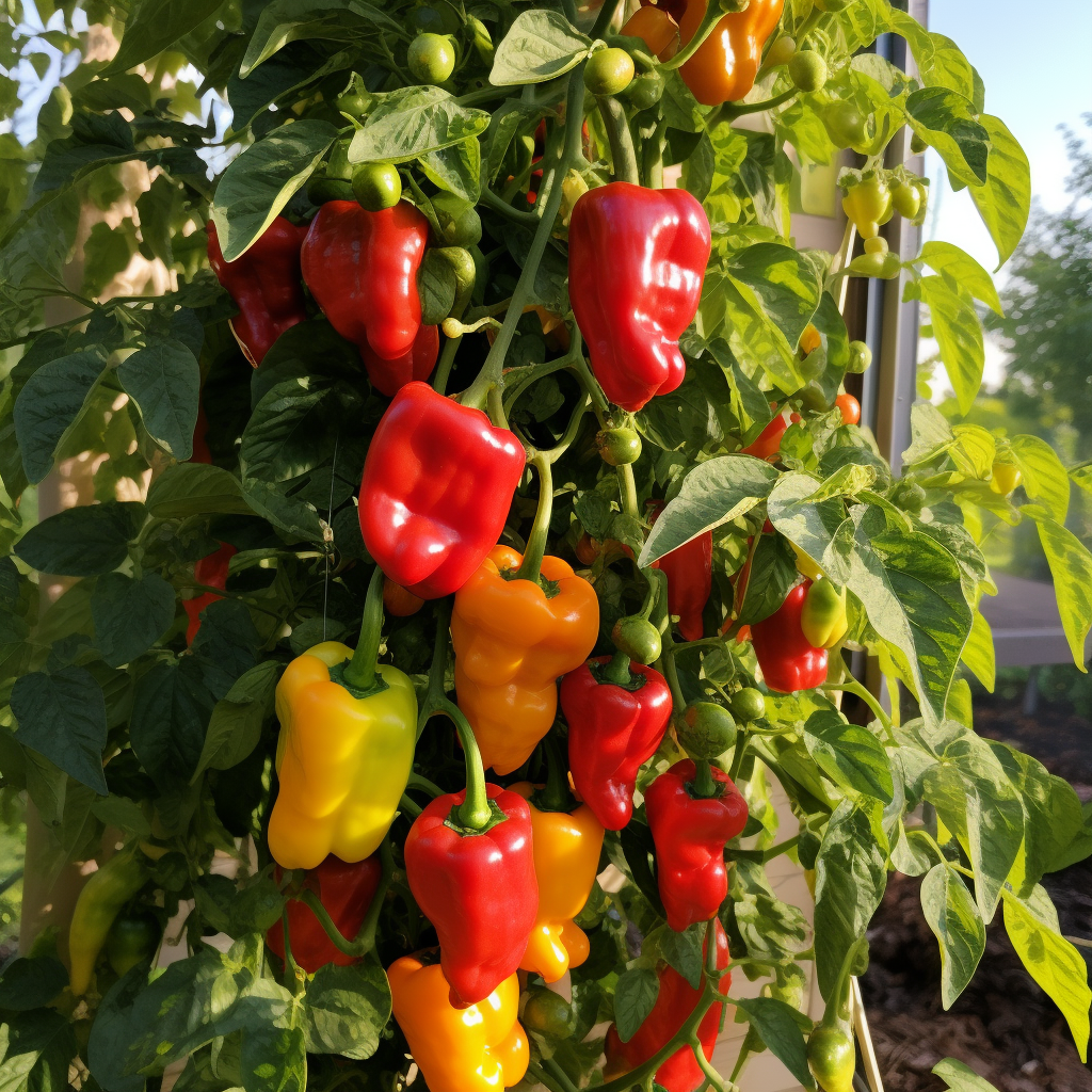 Beautiful bell pepper bush in garden