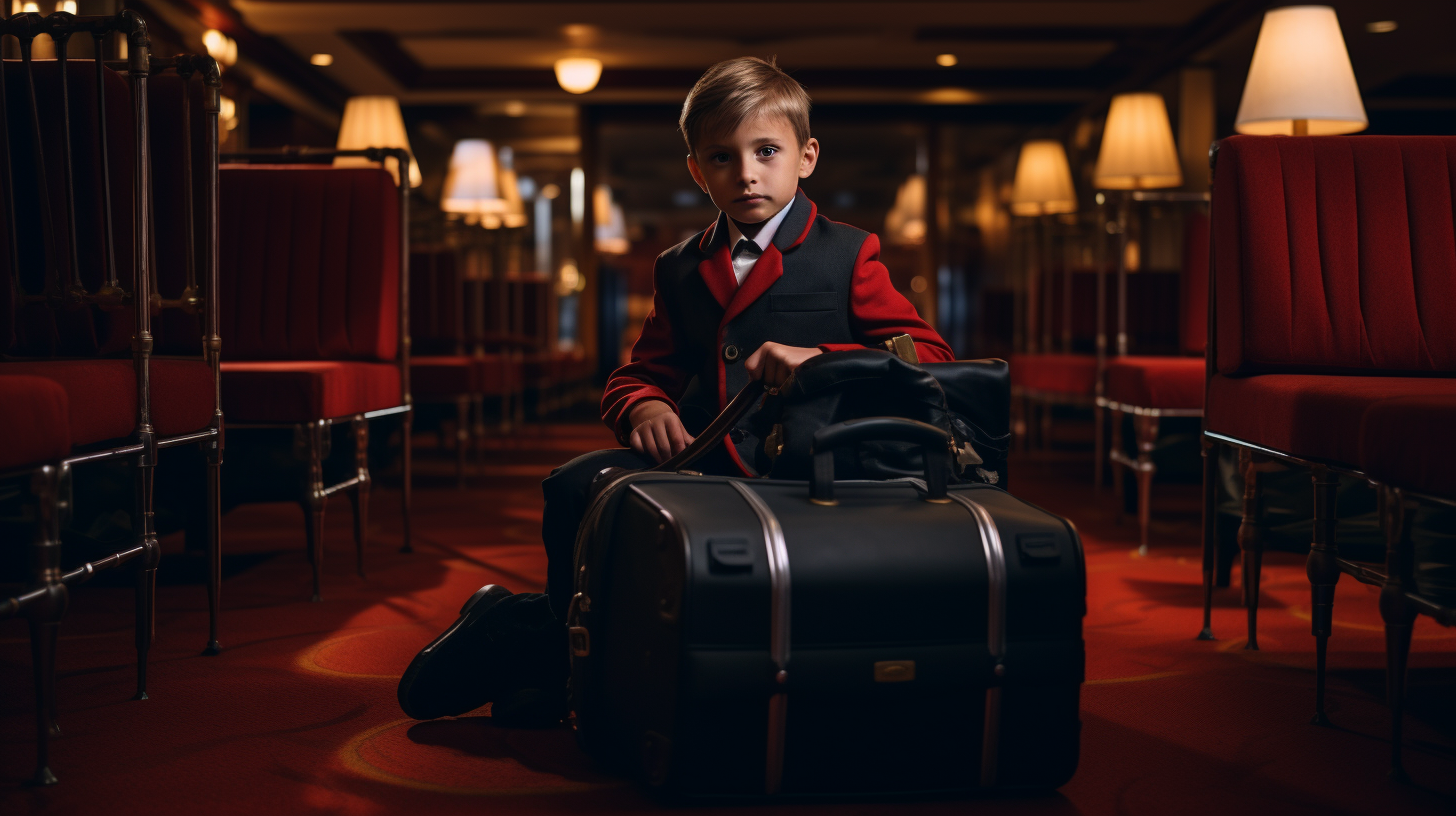 Child on bellhop cart with luggage