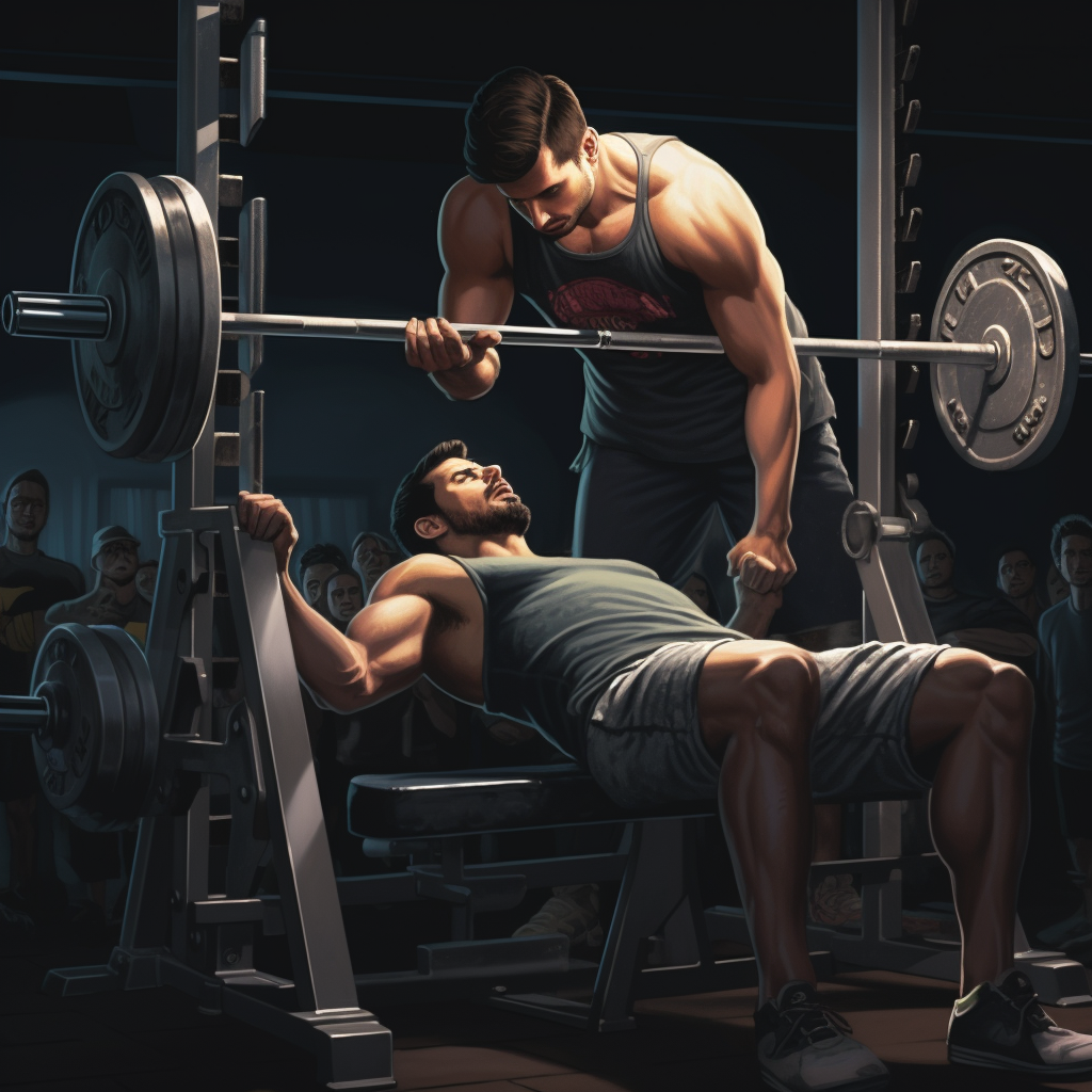 Guy bench presses with spotter