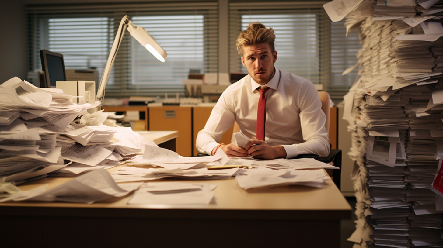 Nicklas Bendtner reading in office with paper piles