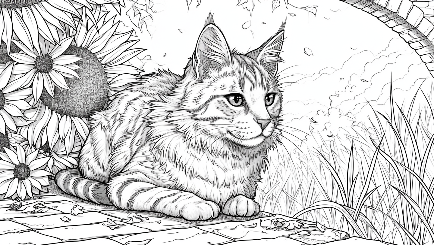 Black and white cartoon style Bengal cat coloring page