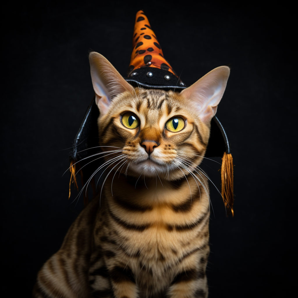 Adorable Bengal Cat wearing Witch Hat