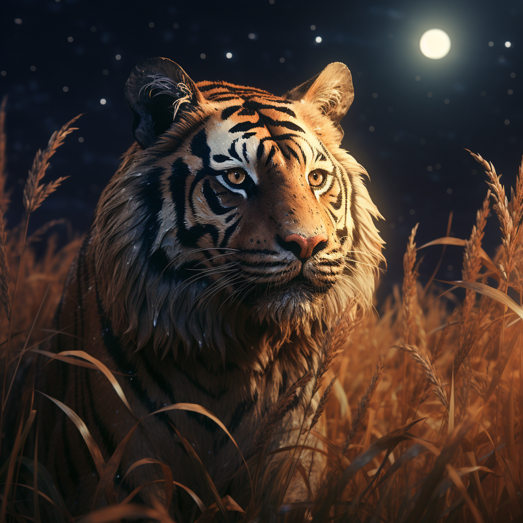 Bengal tiger prowling through moonlit grass