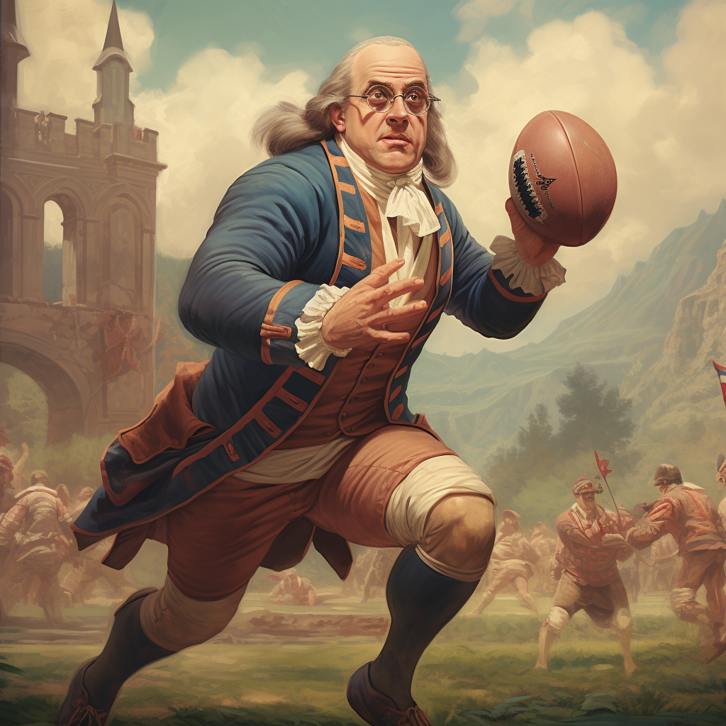 Benjamin Franklin playing rugby against British