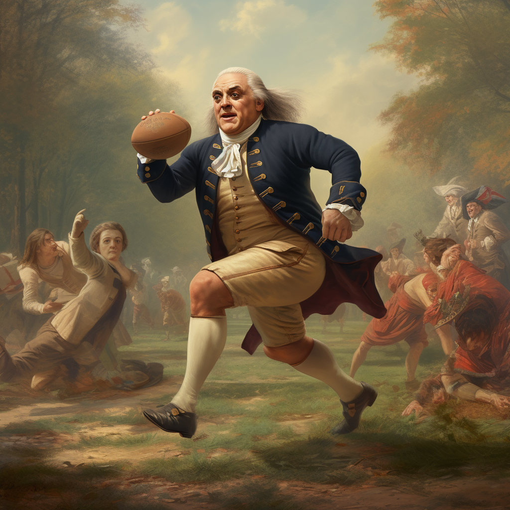 Benjamin Franklin playing rugby against the British