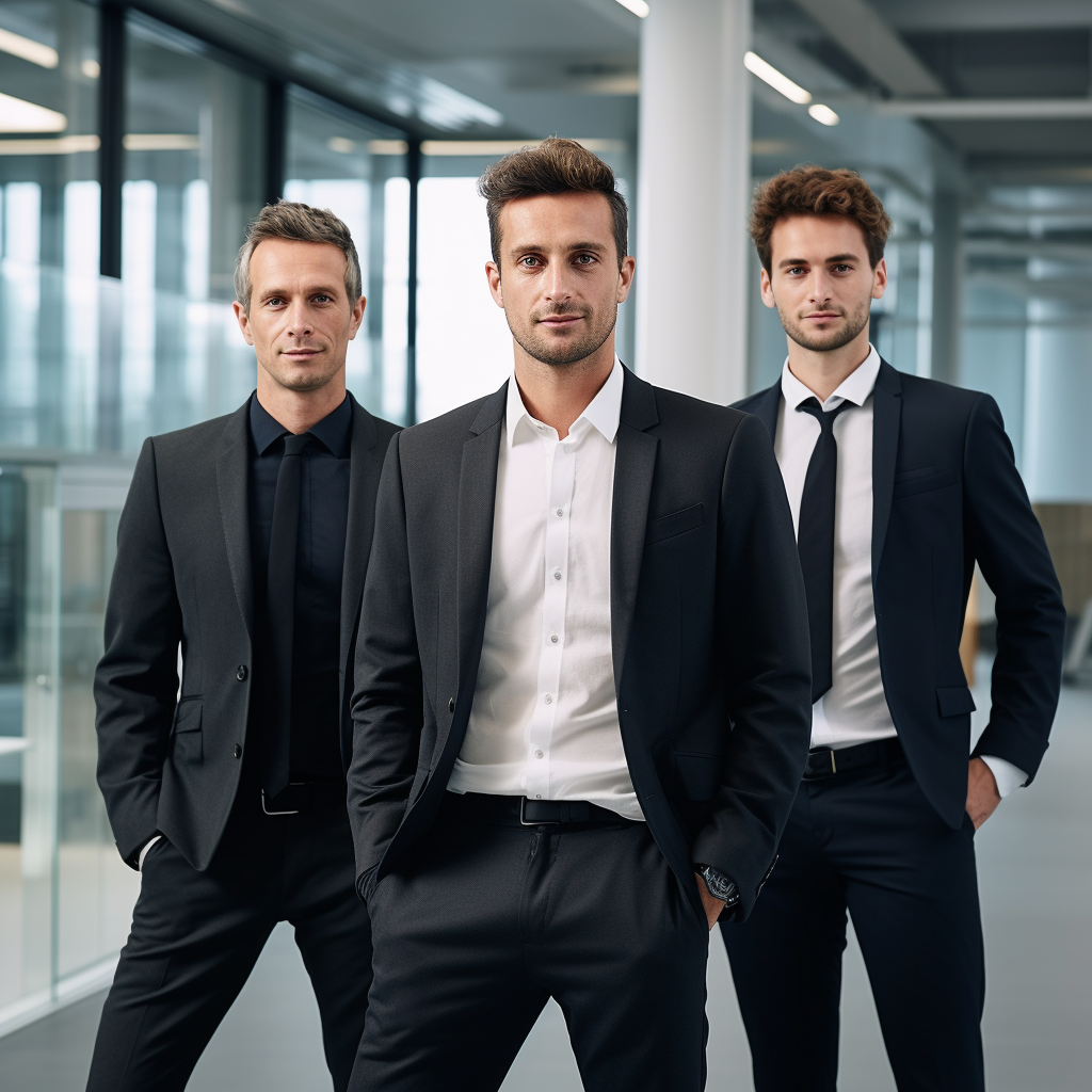 Benjamin Mayr, Philipp Heltewig, and Sascha Poggemann in modern office