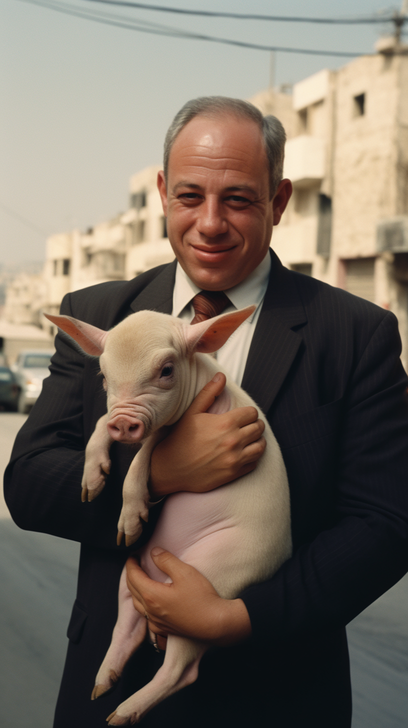 Attractive Benjamin Netanyahu with a Pig