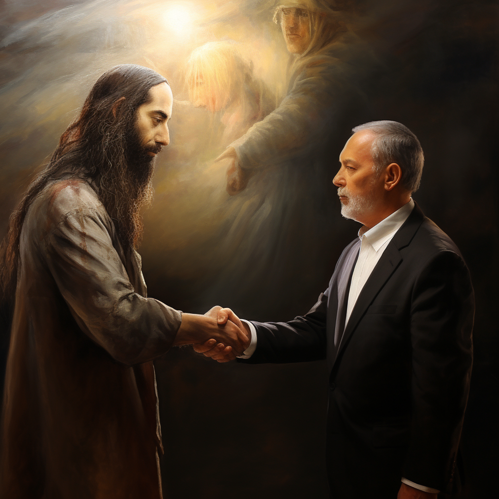 Benjamin Netanyahu shaking hands with Jesus Christ