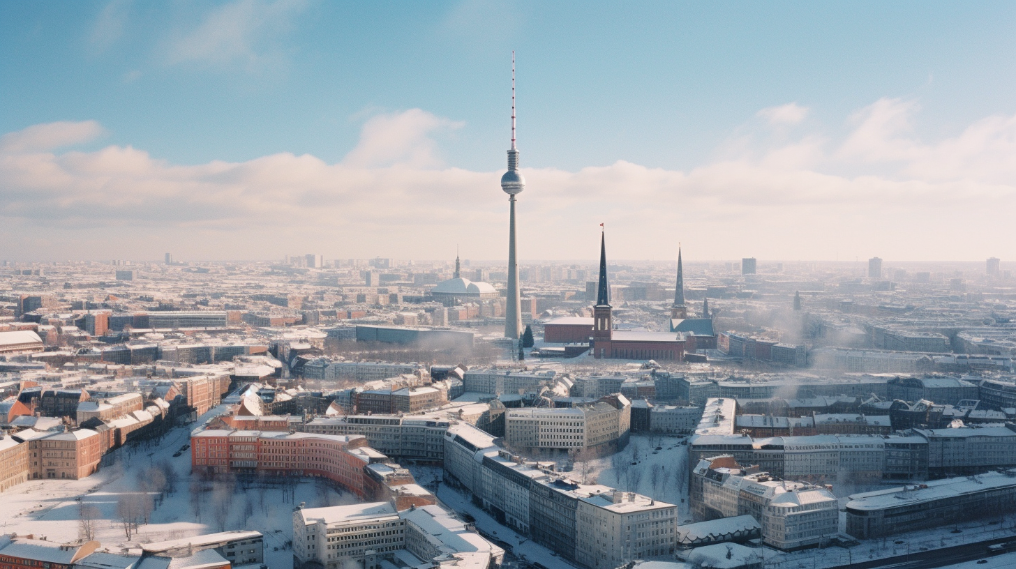 Snow-covered Berlin city skyline during winter