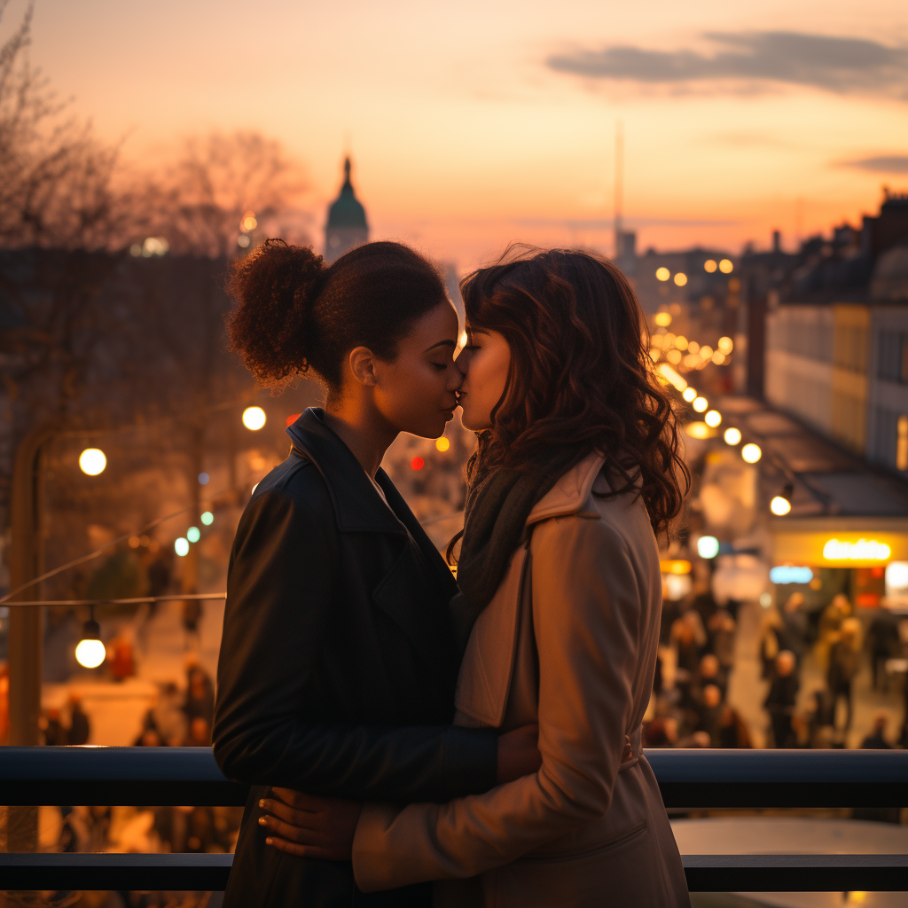 Two women sharing a heartfelt kiss in Berlin