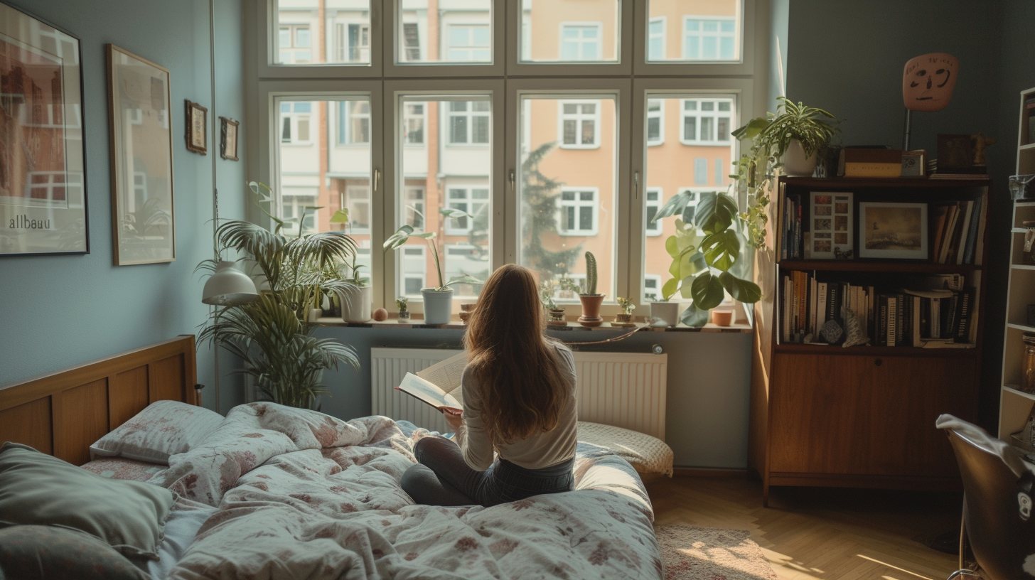 Woman reading book in Berlin bedroom