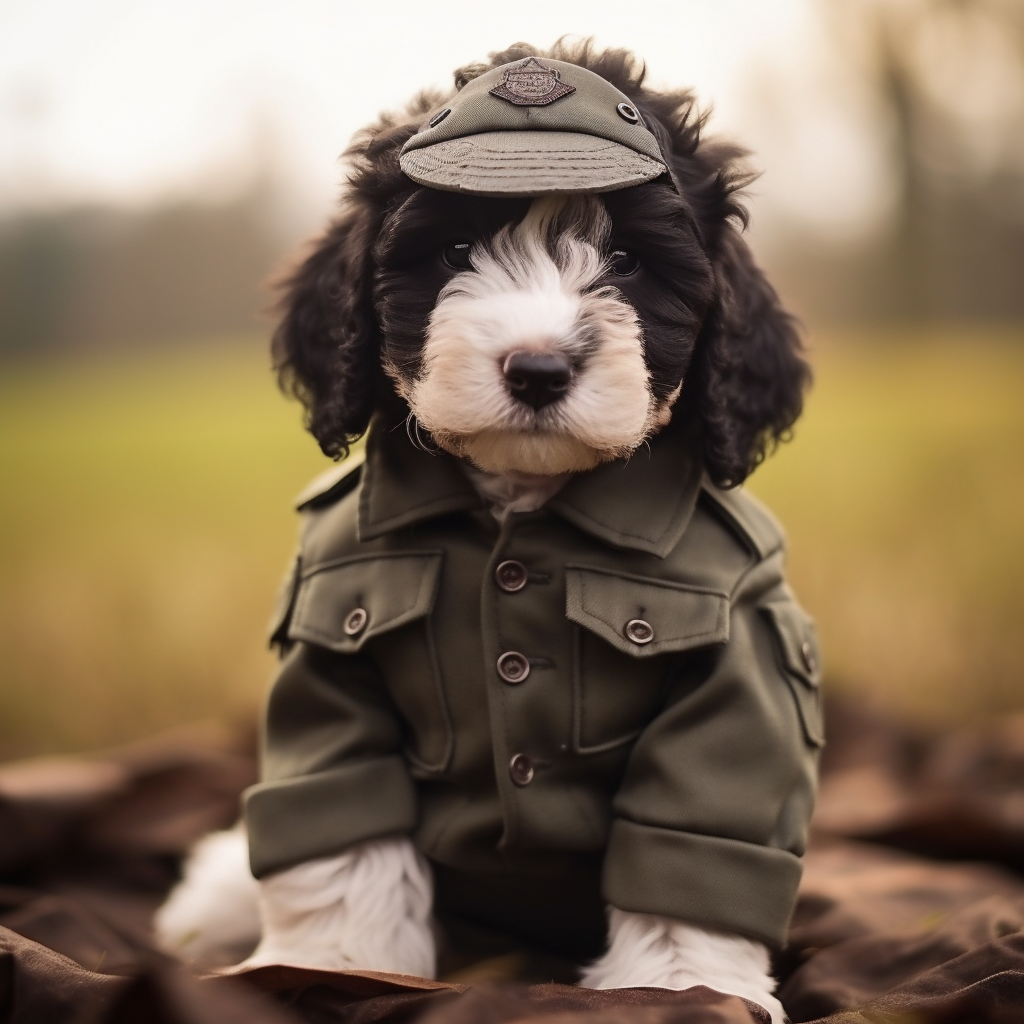 Bernedoodle Puppy in Soldier Uniform