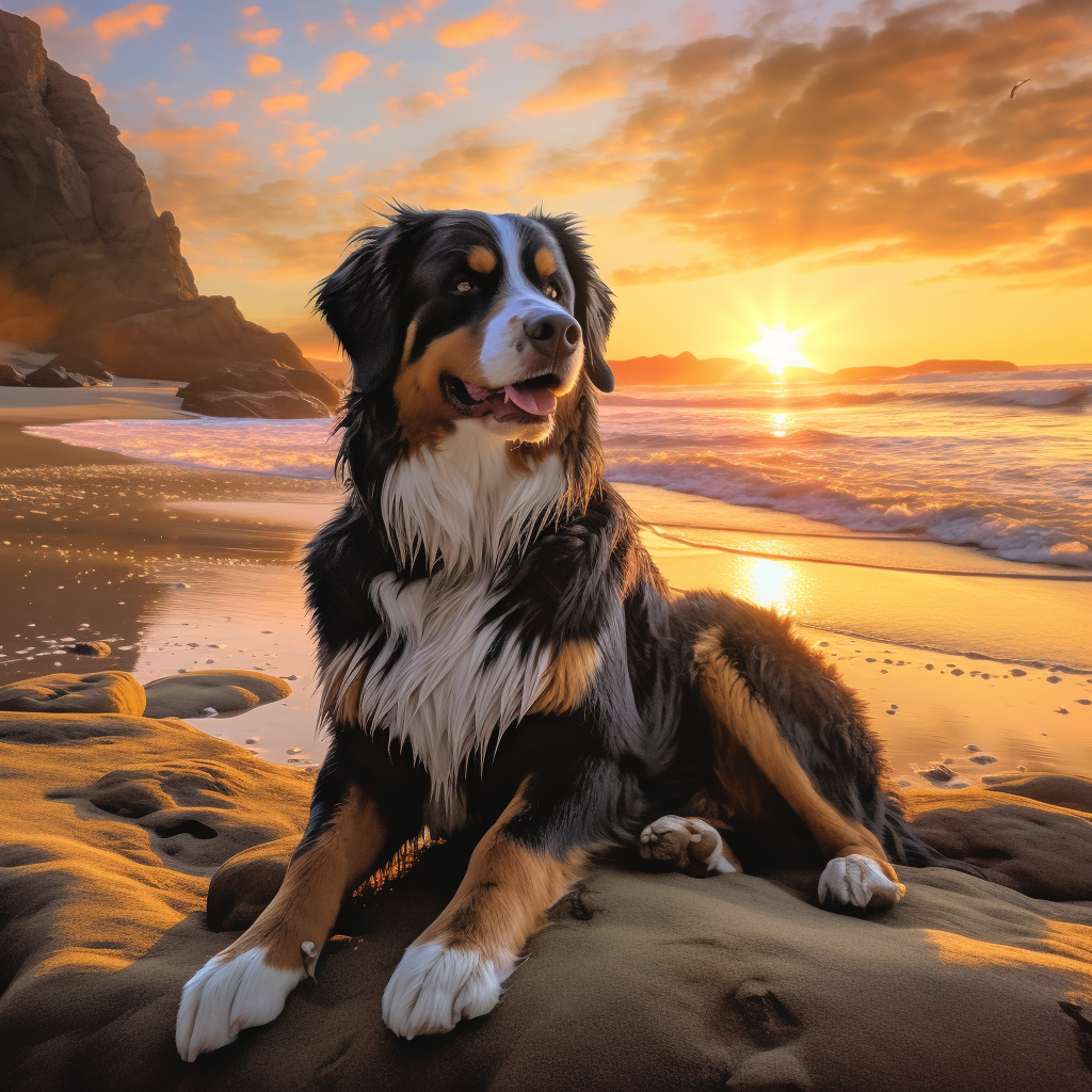 Bernese Mountain Dog on Beach at Sunset