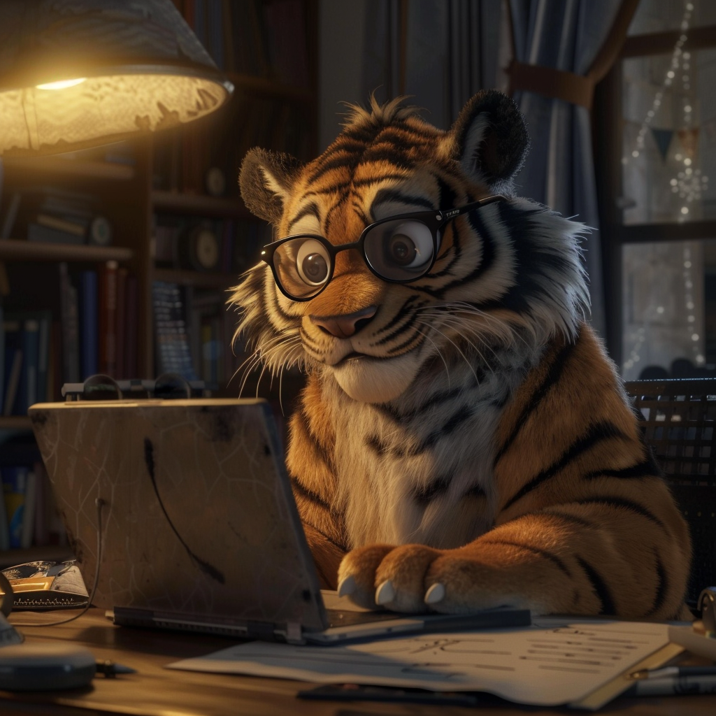 Tiger working at desk with laptop