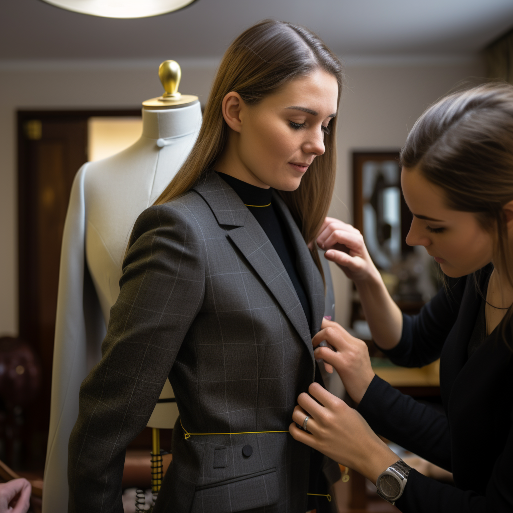 Woman being fitted for bespoke business suit