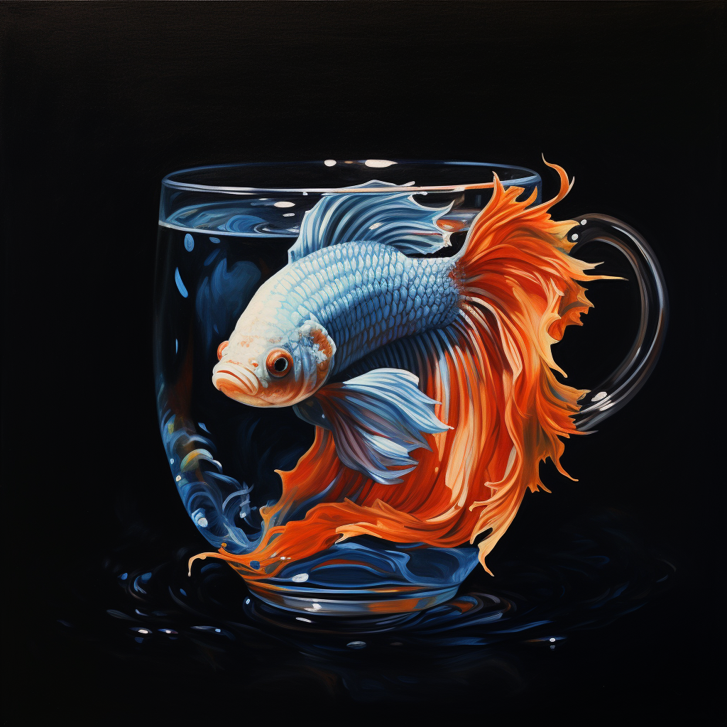 Colorful beta fish swimming in a mug