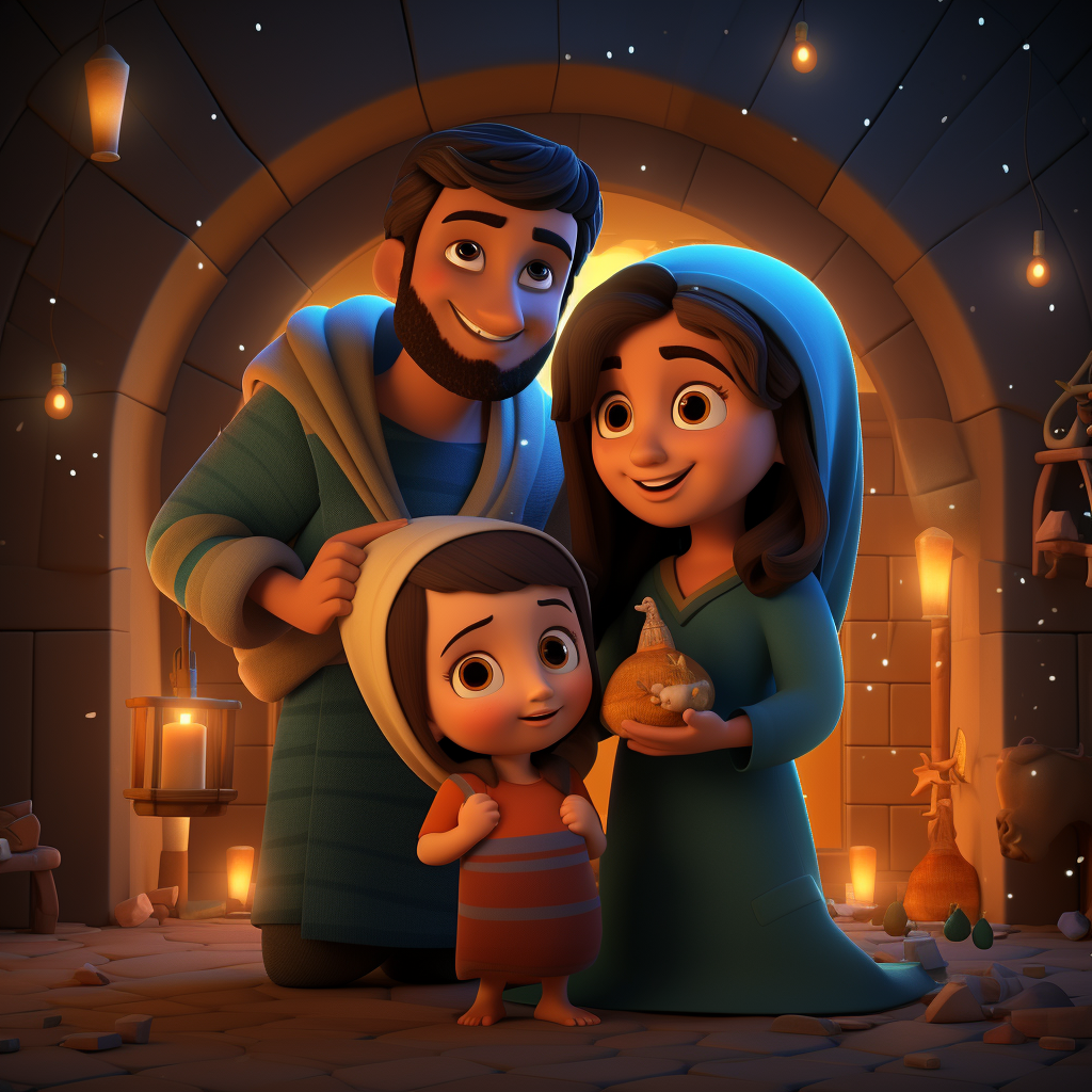 Cartoon 3D image of Bethlehem portal with Maria, Joseph, and video camera