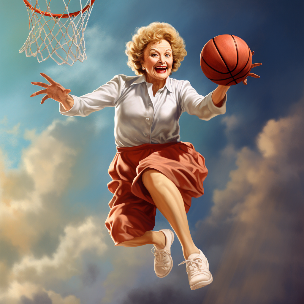 Betty White dunking basketball on Michael Jordan