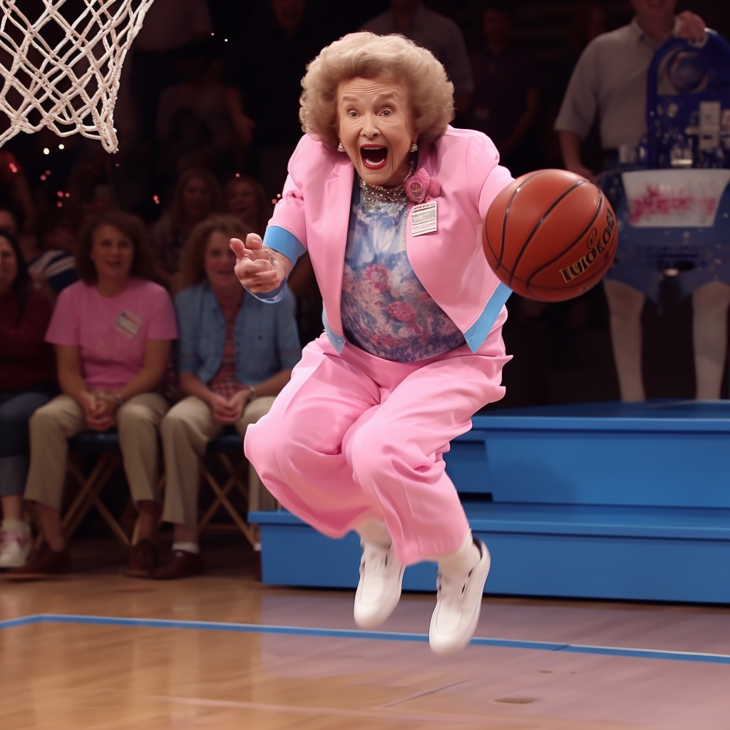 Betty White slam dunking in basketball game