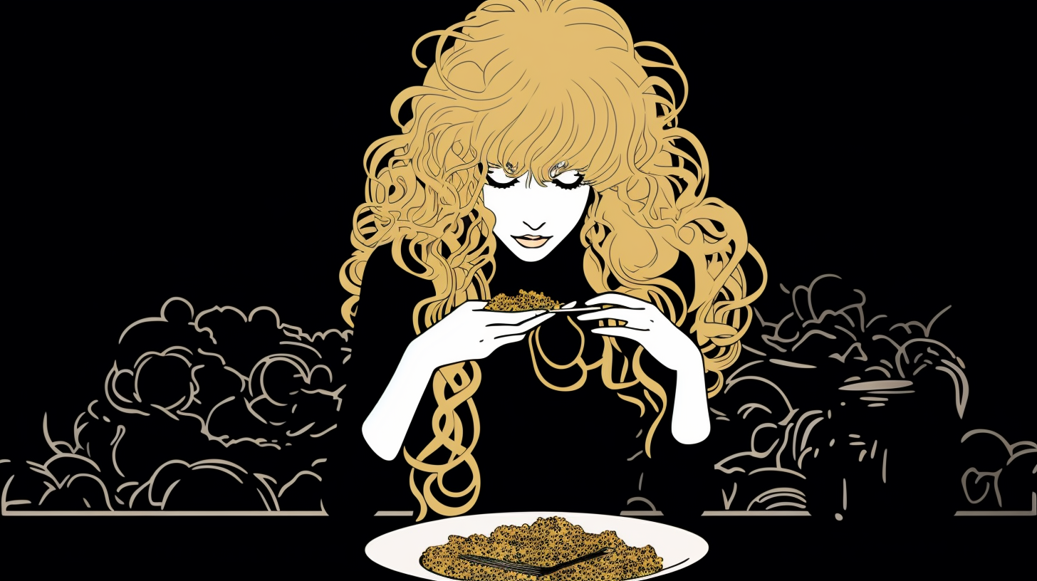 Beyoncé enjoying pasta in Aubrey Beardsley's artwork