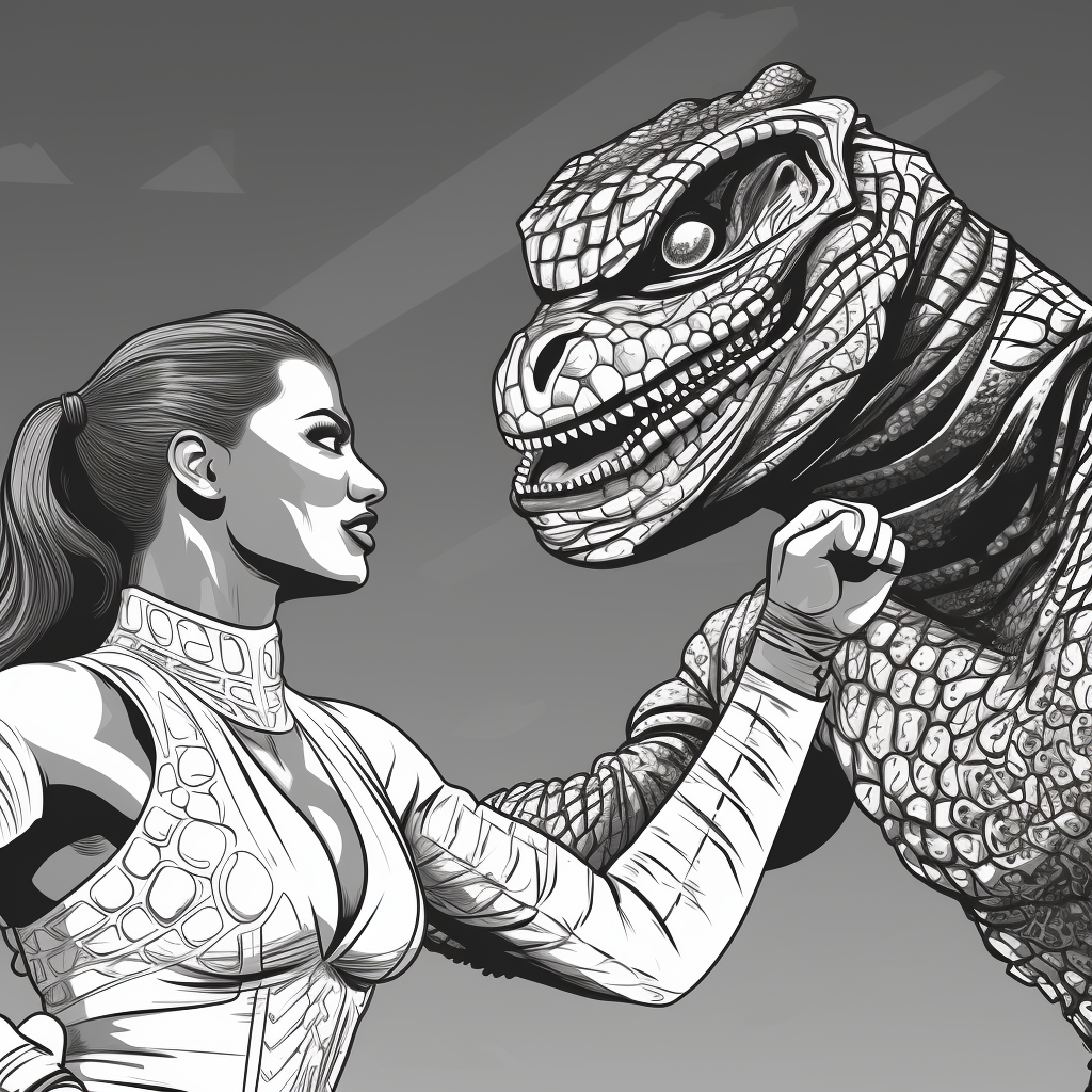 Dynamic wrestling match illustration featuring Beyonce and a crocodile