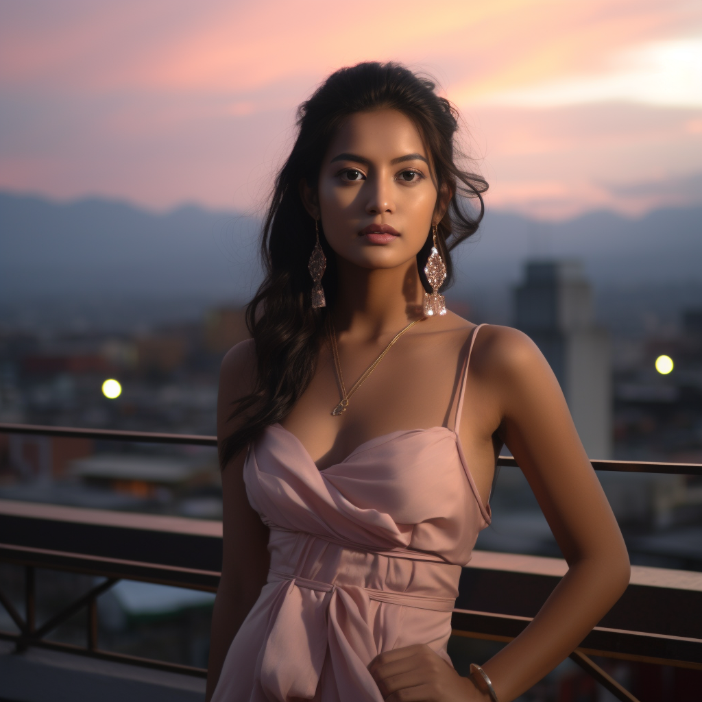 Young Bhutanese woman in pink dress on rooftop at twilight