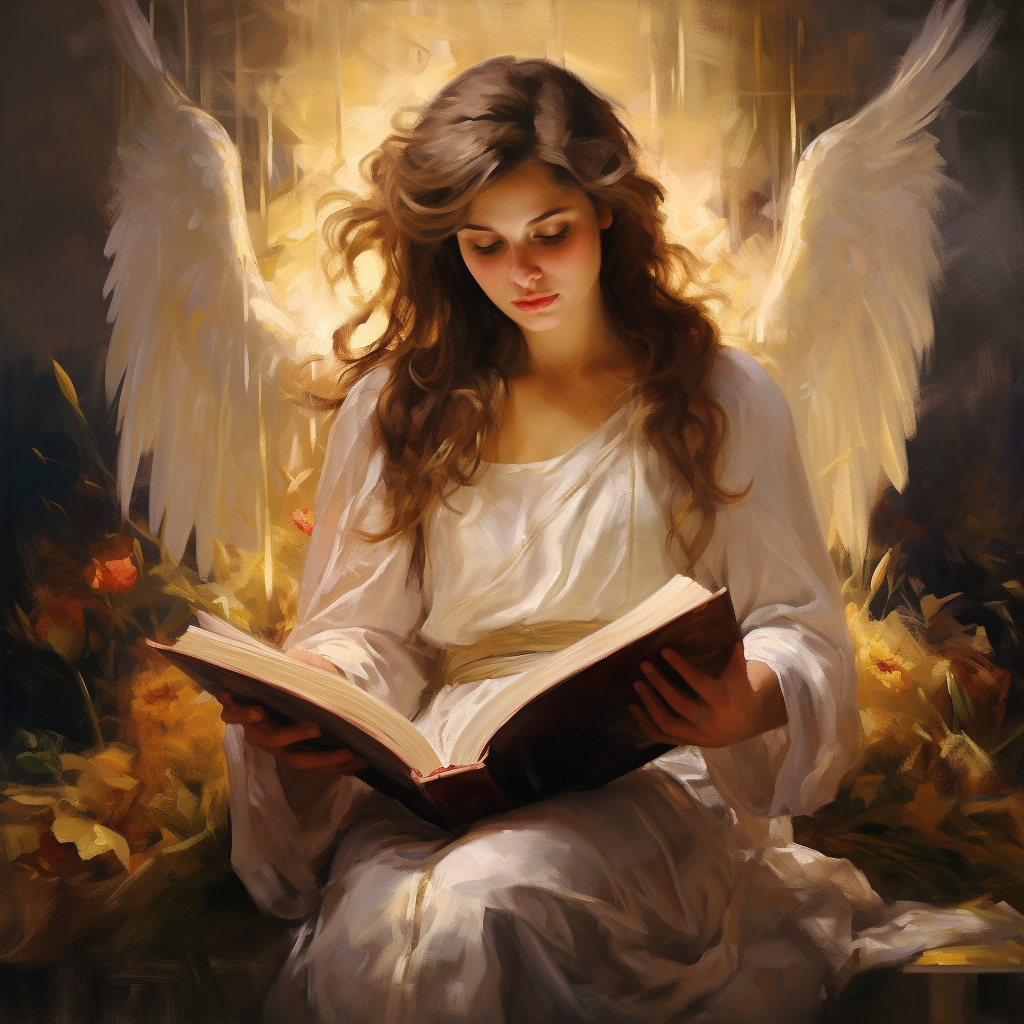 Ethereal angel depicted in biblical oil painting