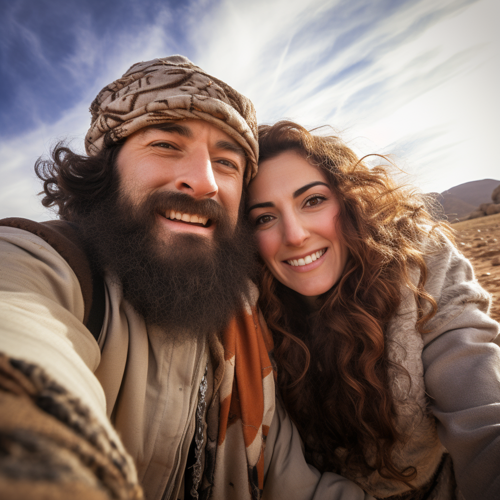 Abraham and Sarah taking a selfie with sheep