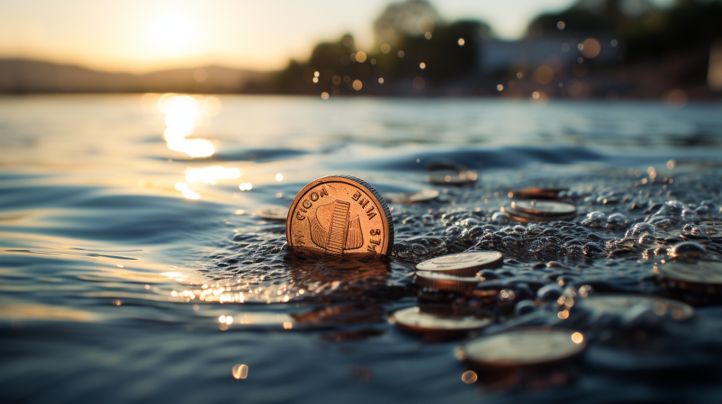 Stunning biblical coin reflecting in sunset waters