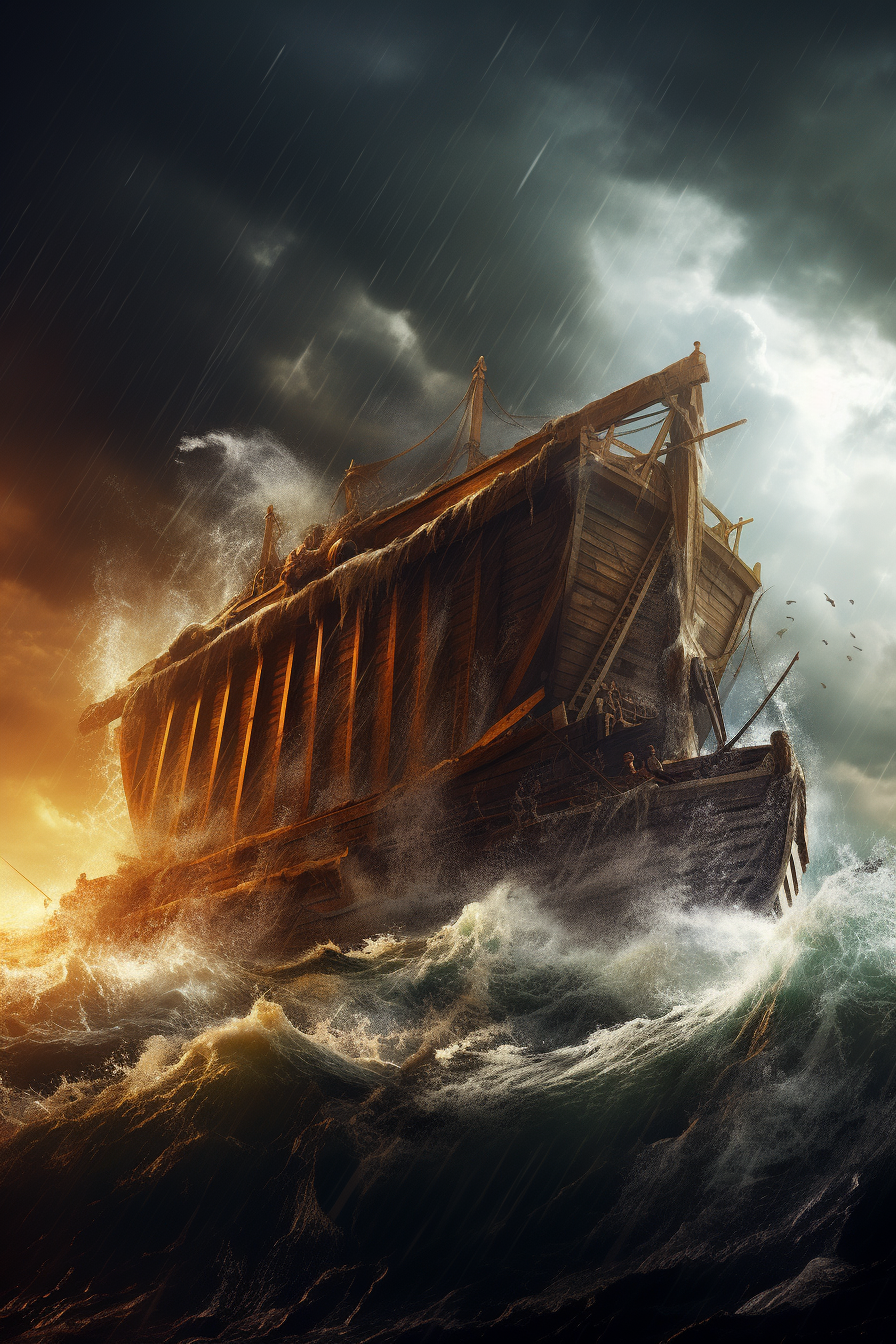 Dramatic biblical ark in storm waves