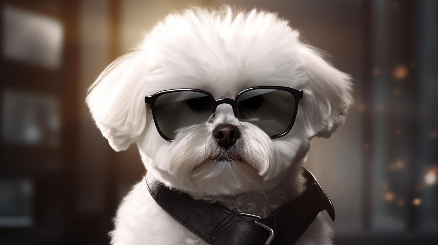 Bichon Bolognese with black sunglasses and H-harness