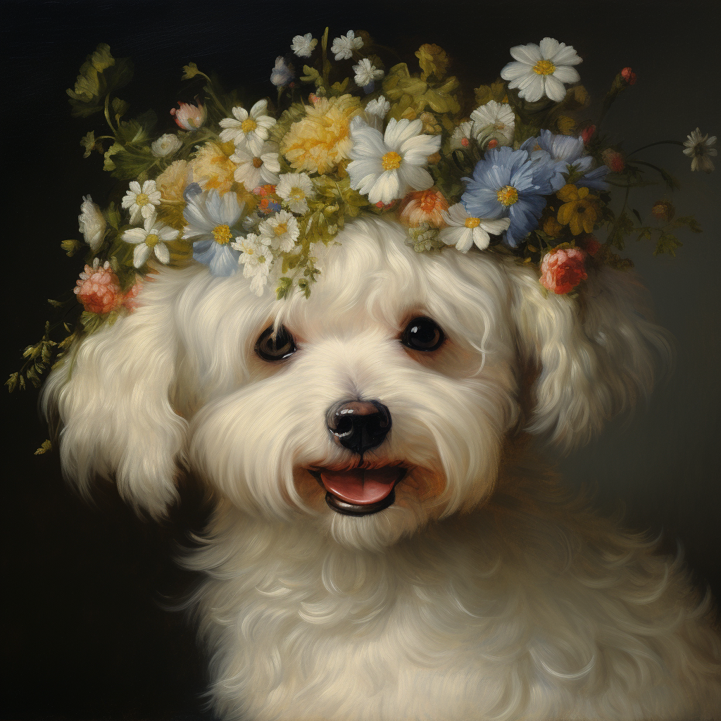 Bichon Frisé wearing flower garland