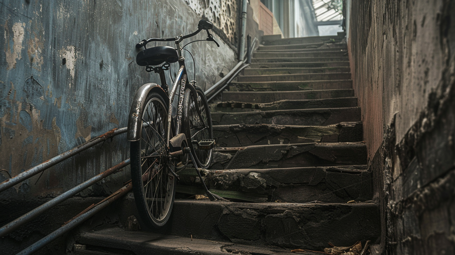 Chained Bicycle Slanted Stairs Sunlight