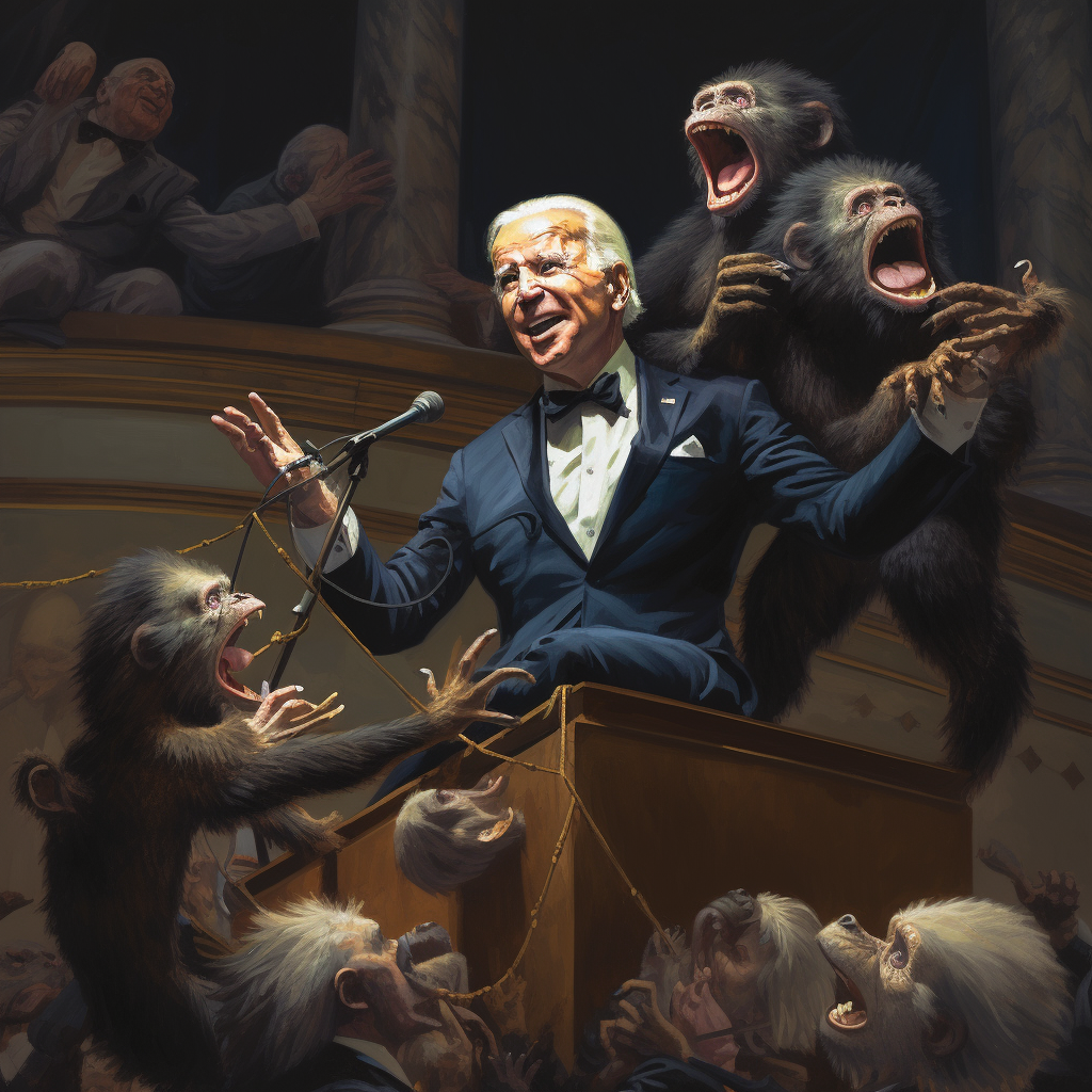 Joe Biden giving elegant speech with chimpanzees