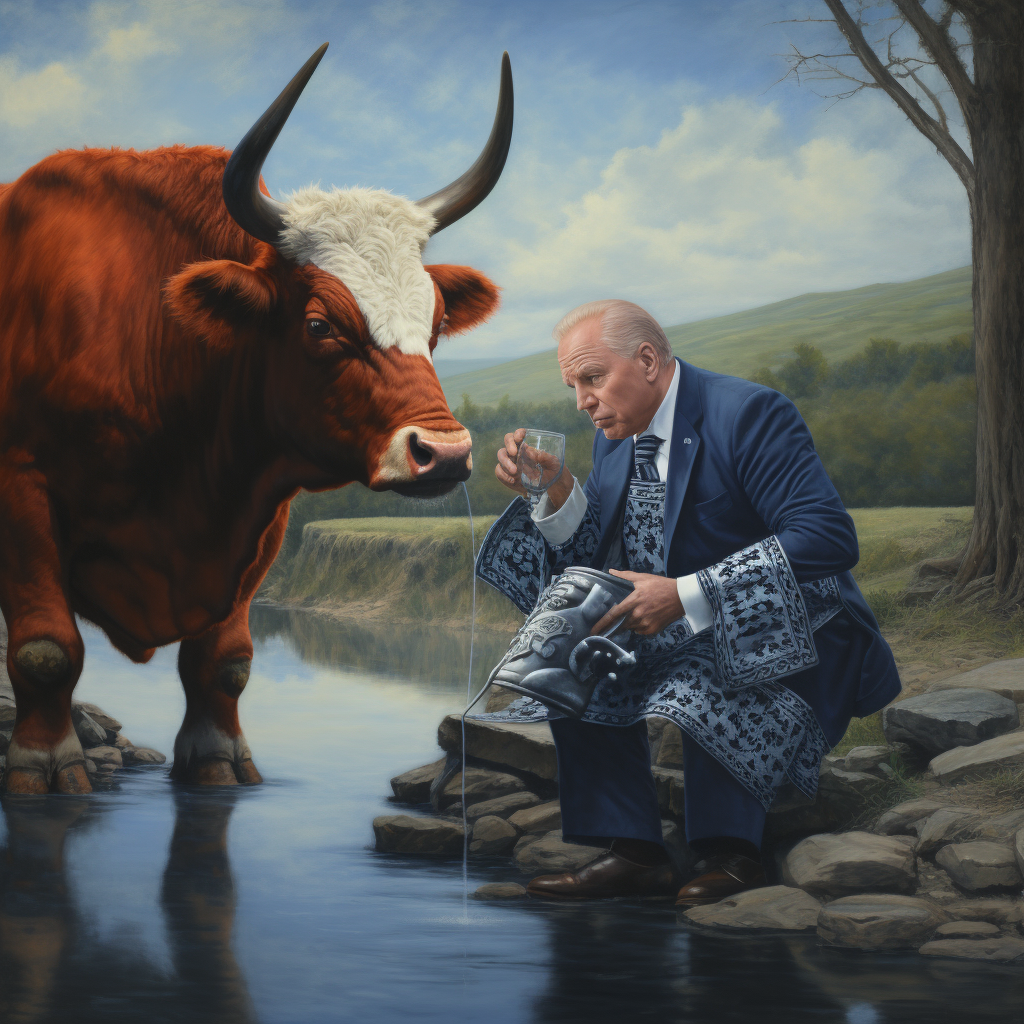 Renaissance painting of Biden milking a cow