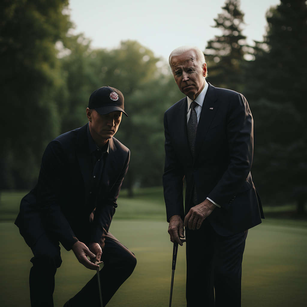 President Biden and Putin playing golf in a dark and moody style