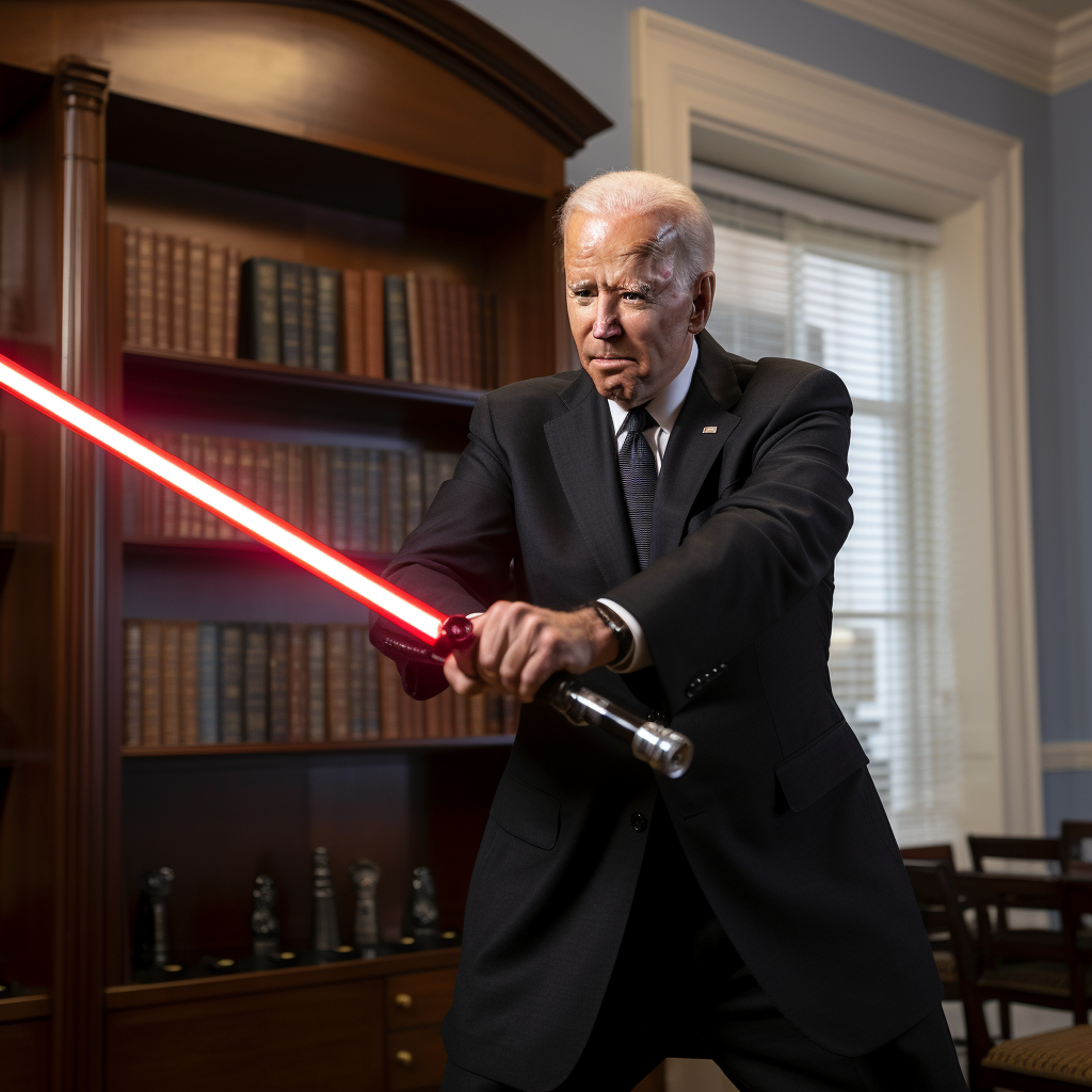 Biden wielding a lightsaber like a Sith Lord